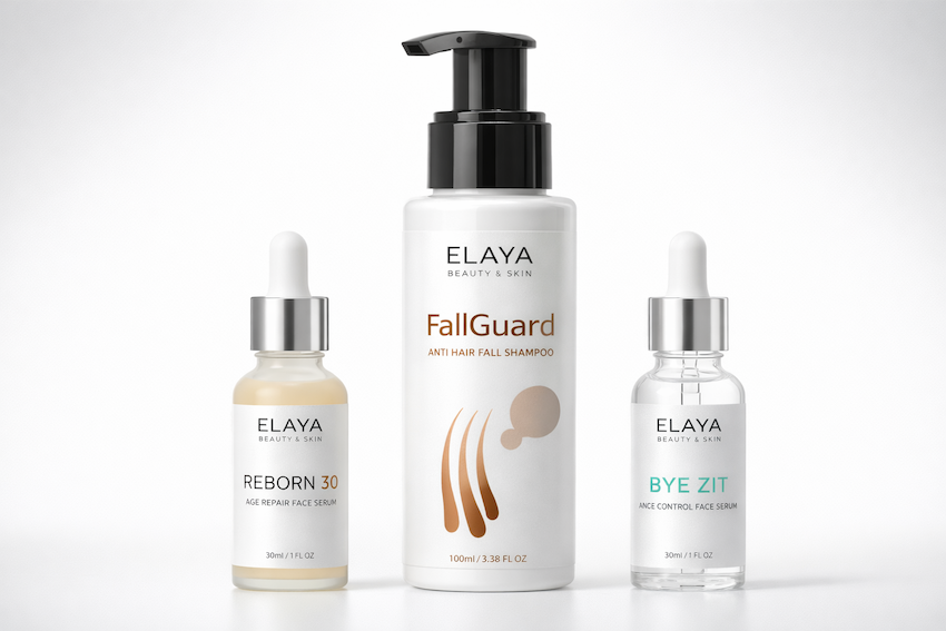 Elaya Beauty & Skin products: Reborn 30 age repair face serum, FallGuard anti hair fall shampoo and Bye Zit acne control face serum