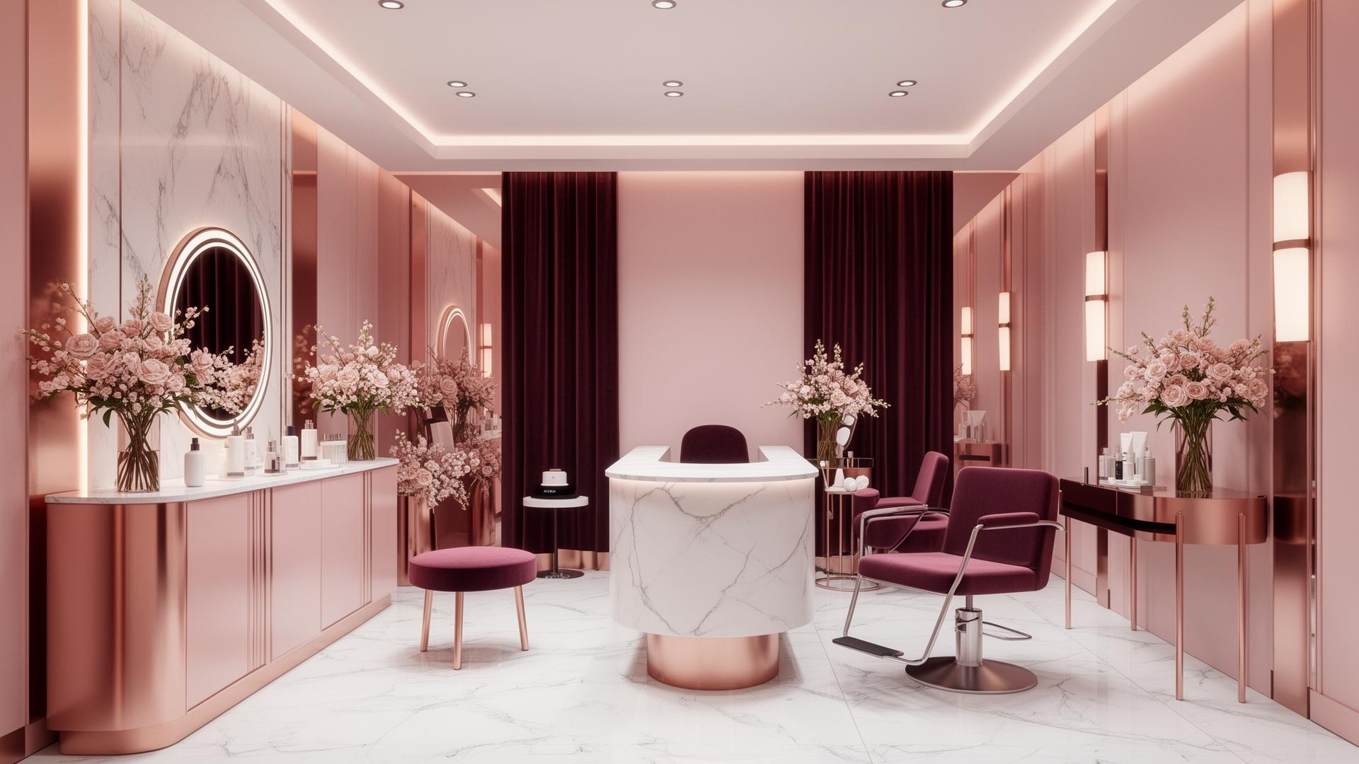 Rose-gold and marble beauty clinic reception with a curved desk, burgundy chairs, mirrors and flower arrangements