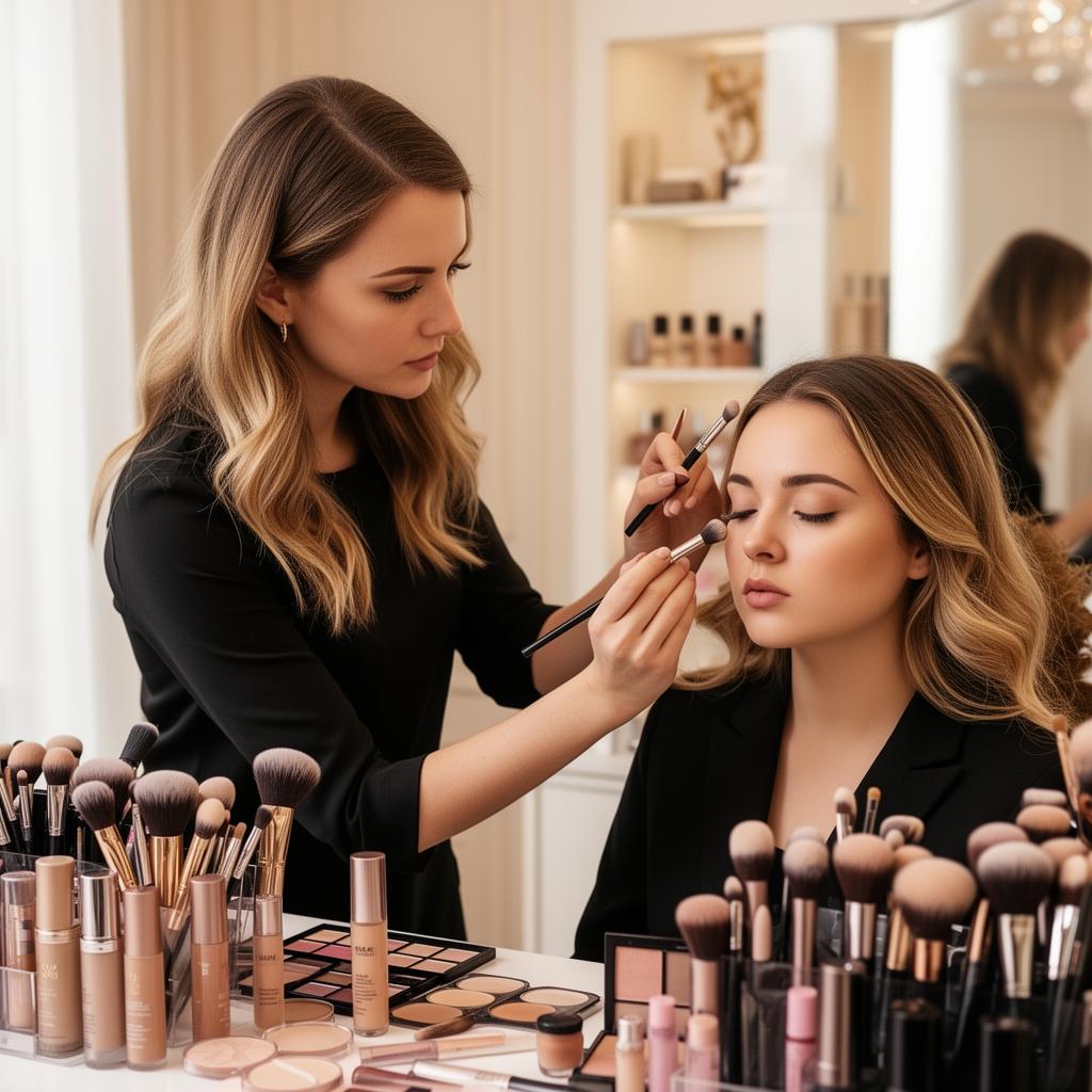 Makeup artist applying eye makeup to a client at a table of brushes and palettes